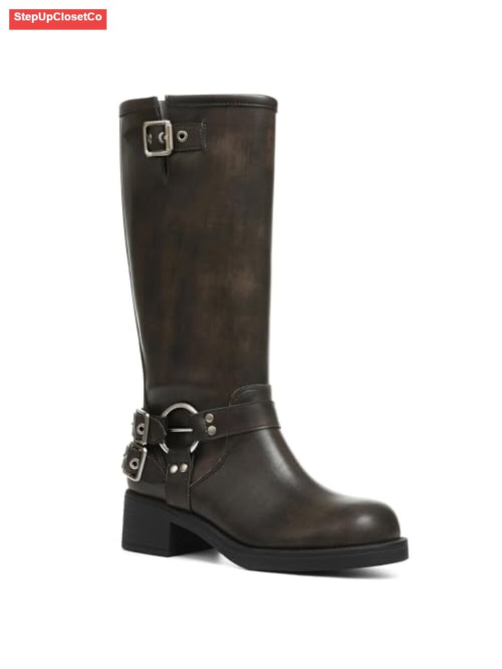 Women's Knee High Moto Biker Boots Chunky Block Heel Buckle Combat